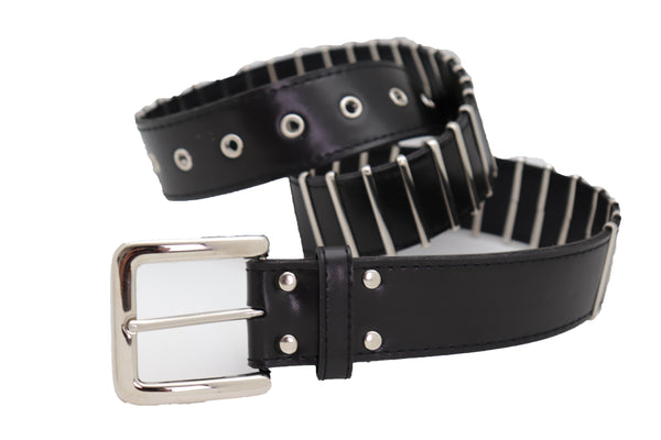 Brand New Women Black Faux Leather Biker Rocker Fashion Hip Belt Silver Metal Stripe Fit Size M