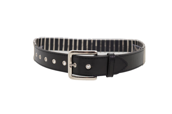 Brand New Women Black Faux Leather Biker Rocker Fashion Hip Belt Silver Metal Stripe Fit Size M