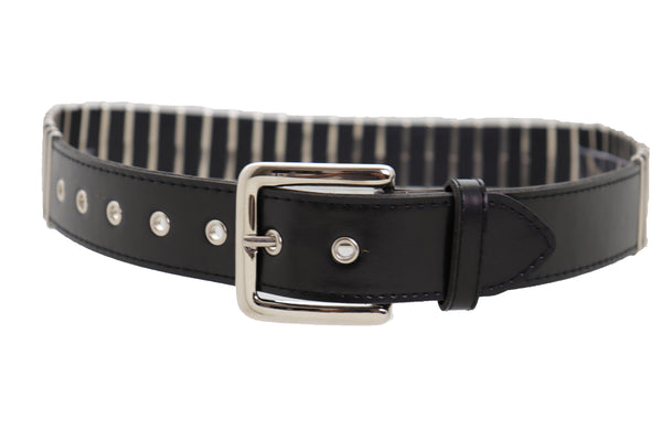 Brand New Women Black Faux Leather Biker Rocker Fashion Hip Belt Silver Metal Stripe Fit Size M