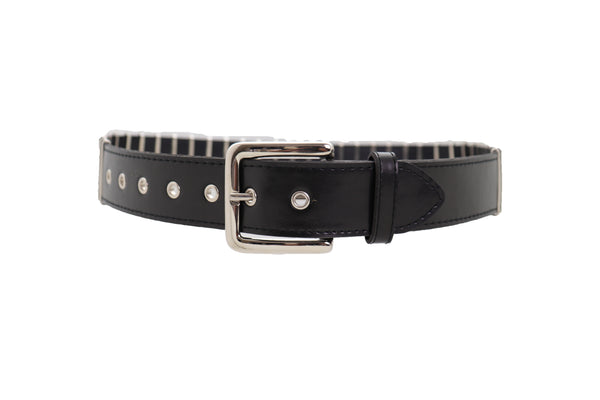 Brand New Women Black Faux Leather Biker Rocker Fashion Hip Belt Silver Metal Stripe Fit Size M