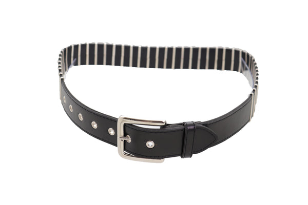Brand New Women Black Faux Leather Biker Rocker Fashion Hip Belt Silver Metal Stripe Fit Size M
