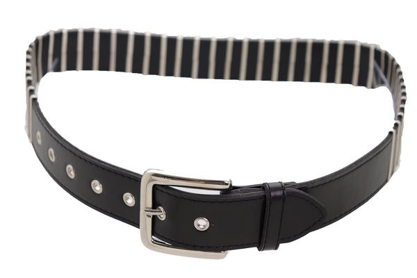 Brand New Women Black Faux Leather Biker Rocker Fashion Hip Belt Silver Metal Stripe Fit Size M
