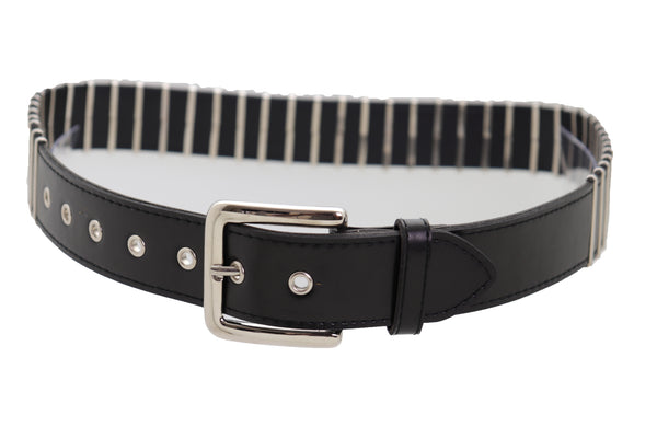Brand New Women Black Faux Leather Biker Rocker Fashion Hip Belt Silver Metal Stripe Fit Size M