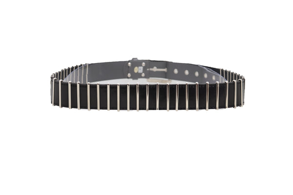 Brand New Women Black Faux Leather Biker Rocker Fashion Hip Belt Silver Metal Stripe Fit Size M
