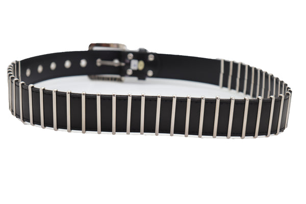 Brand New Women Black Faux Leather Biker Rocker Fashion Hip Belt Silver Metal Stripe Fit Size M