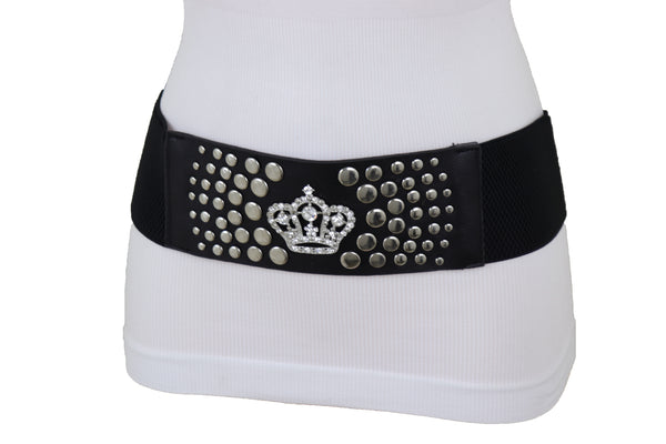 Brand New Women Black Elastic Belt Hip High Waist Silver Metal Crown Bling Stud Size M L (M/L)