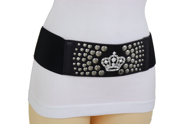 Brand New Women Black Elastic Belt Hip High Waist Silver Metal Crown Bling Stud Size M L (M/L)