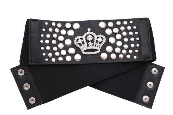 Brand New Women Black Elastic Belt Hip High Waist Silver Metal Crown Bling Stud Size M L (M/L)