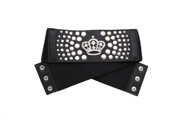 Brand New Women Black Elastic Belt Hip High Waist Silver Metal Crown Bling Stud Size M L (M/L)