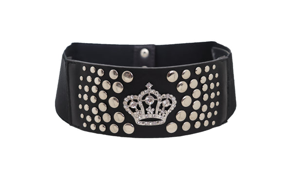 Brand New Women Black Elastic Belt Hip High Waist Silver Metal Crown Bling Stud Size M L (M/L)