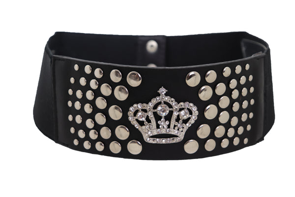 Brand New Women Black Elastic Belt Hip High Waist Silver Metal Crown Bling Stud Size M L (M/L)