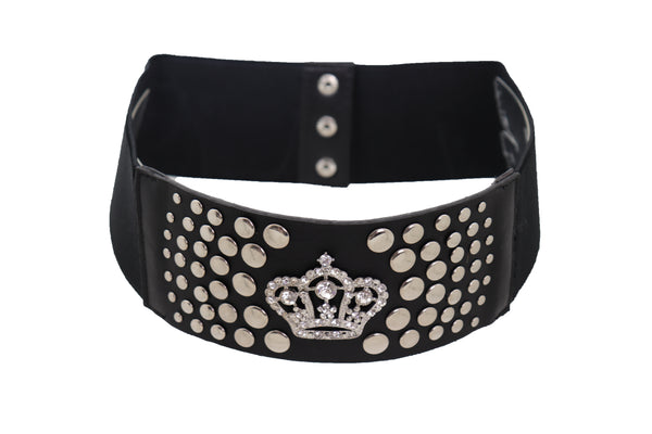 Brand New Women Black Elastic Belt Hip High Waist Silver Metal Crown Bling Stud Size M L (M/L)
