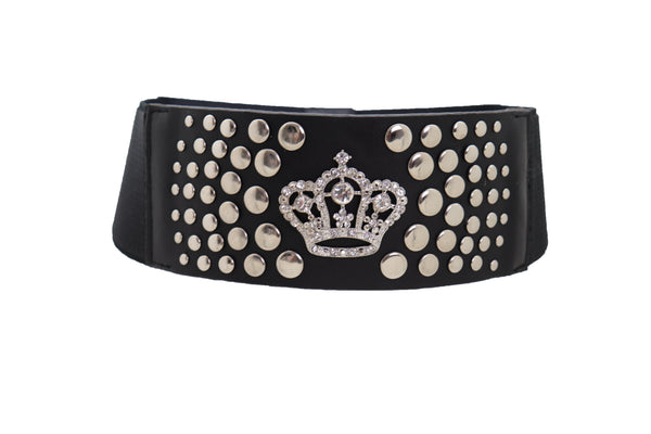 Brand New Women Black Elastic Belt Hip High Waist Silver Metal Crown Bling Stud Size M L (M/L)
