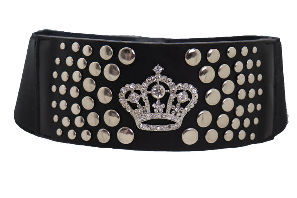 Brand New Women Black Elastic Belt Hip High Waist Silver Metal Crown Bling Stud Size M L (M/L)