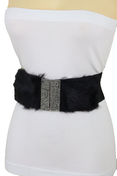 Women Black Wide Elastic Hip Waist Fashion Belt Faux Fur Fancy Style Size M L