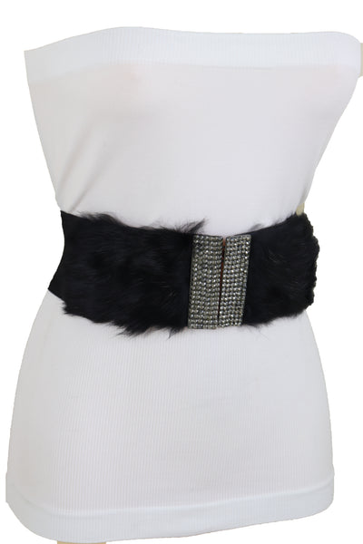 Women Black Wide Elastic Hip Waist Fashion Belt Faux Fur Fancy Style Size M L