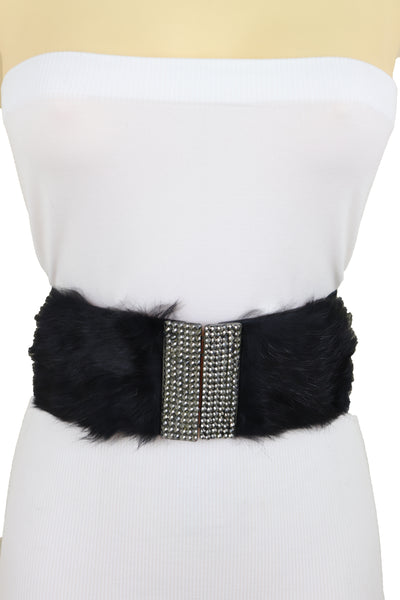 Women Black Wide Elastic Hip Waist Fashion Belt Faux Fur Fancy Style Size M L