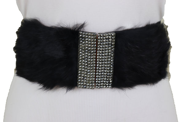 Women Black Wide Elastic Hip Waist Fashion Belt Faux Fur Fancy Style Size M L