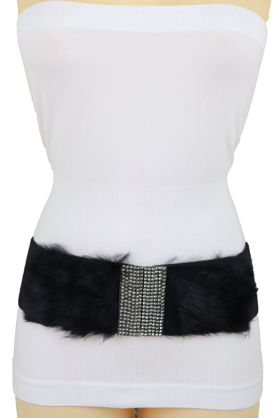 Women Black Wide Elastic Hip Waist Fashion Belt Faux Fur Fancy Style Size M L