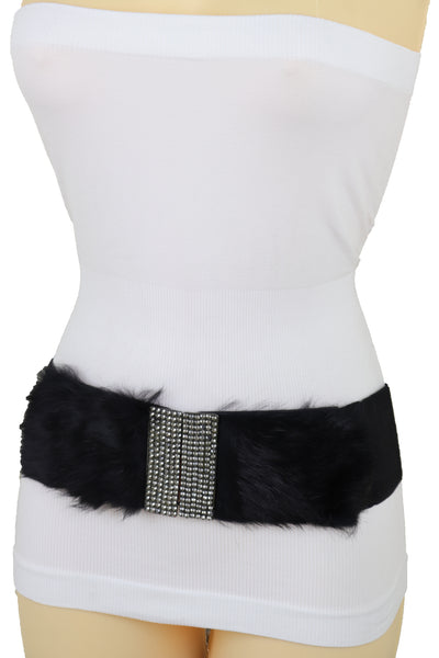 Women Black Wide Elastic Hip Waist Fashion Belt Faux Fur Fancy Style Size M L