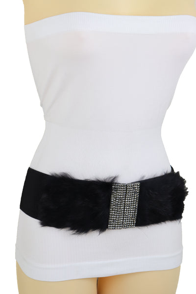 Women Black Wide Elastic Hip Waist Fashion Belt Faux Fur Fancy Style Size M L