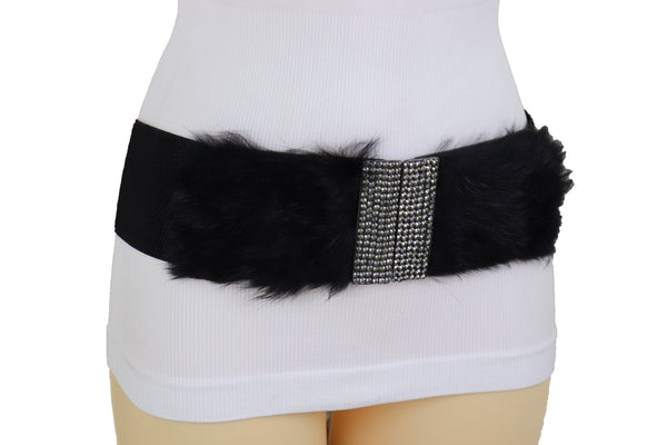 Women Black Wide Elastic Hip Waist Fashion Belt Faux Fur Fancy Style Size M L