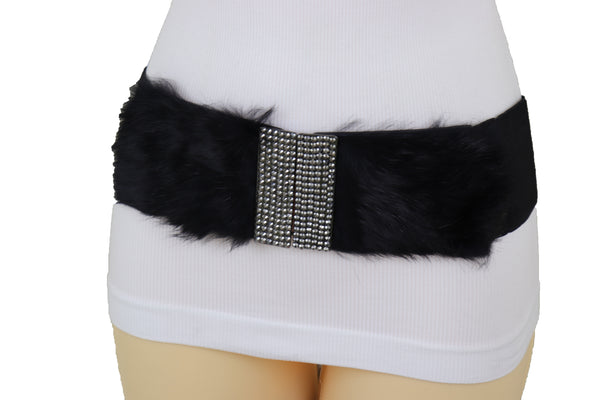 Women Black Wide Elastic Hip Waist Fashion Belt Faux Fur Fancy Style Size M L