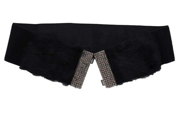 Women Black Wide Elastic Hip Waist Fashion Belt Faux Fur Fancy Style Size M L