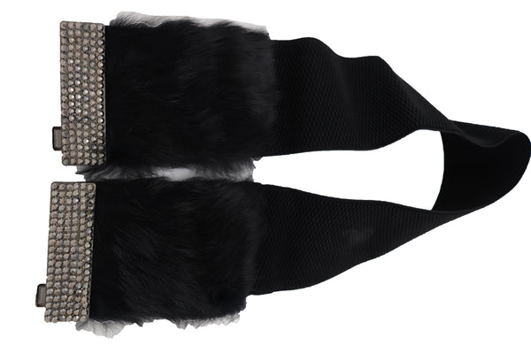 Women Black Wide Elastic Hip Waist Fashion Belt Faux Fur Fancy Style Size M L