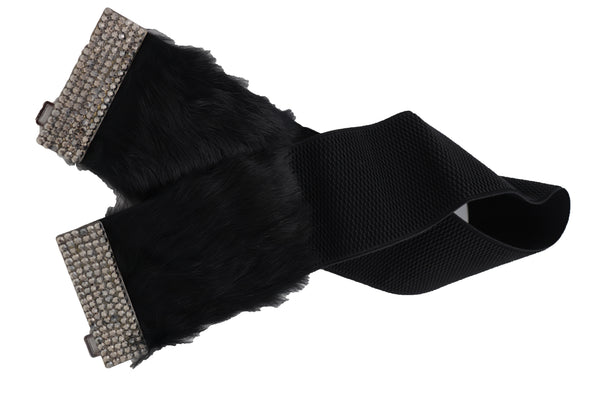Women Black Wide Elastic Hip Waist Fashion Belt Faux Fur Fancy Style Size M L