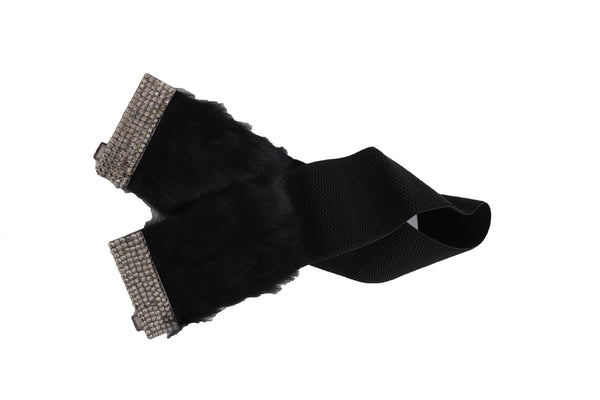 Women Black Wide Elastic Hip Waist Fashion Belt Faux Fur Fancy Style Size M L