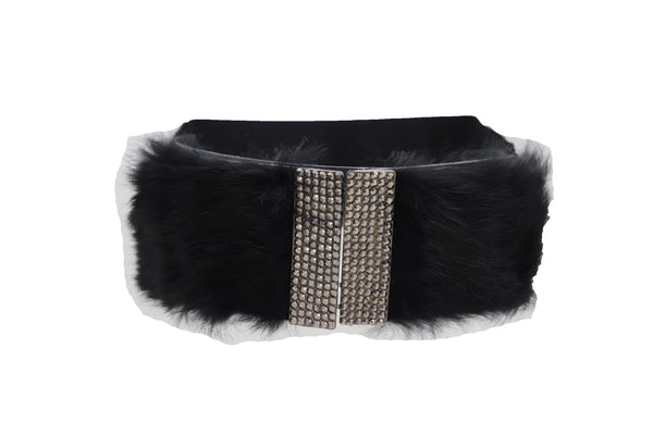 Women Black Wide Elastic Hip Waist Fashion Belt Faux Fur Fancy Style Size M L