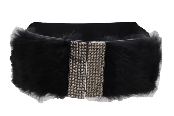 Women Black Wide Elastic Hip Waist Fashion Belt Faux Fur Fancy Style Size M L