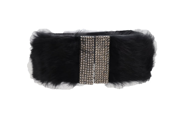 Women Black Wide Elastic Hip Waist Fashion Belt Faux Fur Fancy Style Size M L