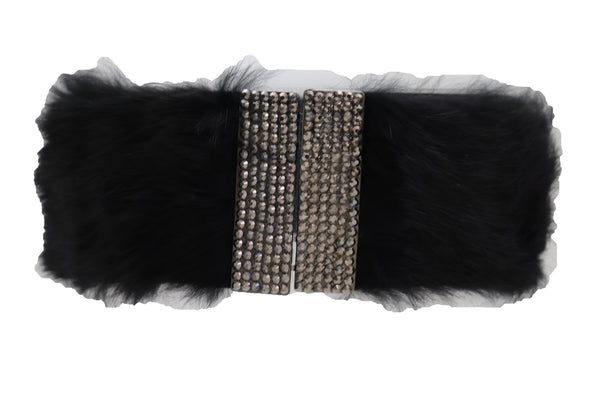 Women Black Wide Elastic Hip Waist Fashion Belt Faux Fur Fancy Style Size M L