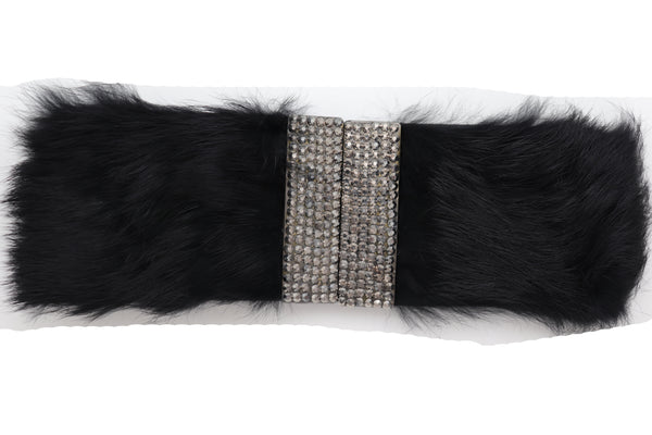 Women Black Wide Elastic Hip Waist Fashion Belt Faux Fur Fancy Style Size M L