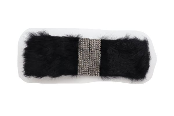 Women Black Wide Elastic Hip Waist Fashion Belt Faux Fur Fancy Style Size M L