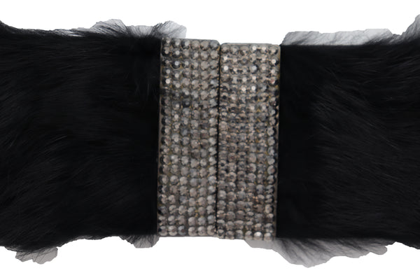 Women Black Wide Elastic Hip Waist Fashion Belt Faux Fur Fancy Style Size M L