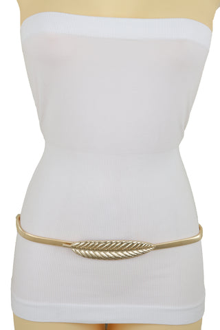 Brand New Women Gold Metal Elastic Narrow Band Wedding Bridal Belt Leaf Buckle Size S M L