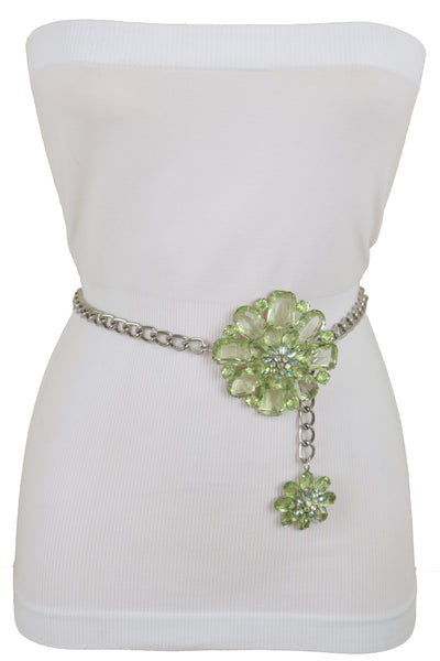 Brand New Women Silver Metal Chain Links Hip High Waist Fashion Belt Green Flower Fit Size XS S M