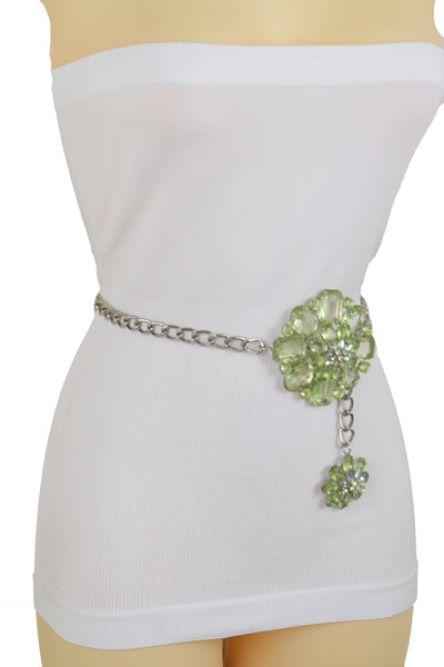 Brand New Women Silver Metal Chain Links Hip High Waist Fashion Belt Green Flower Fit Size XS S M