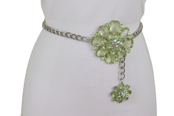 Brand New Women Silver Metal Chain Links Hip High Waist Fashion Belt Green Flower Fit Size XS S M