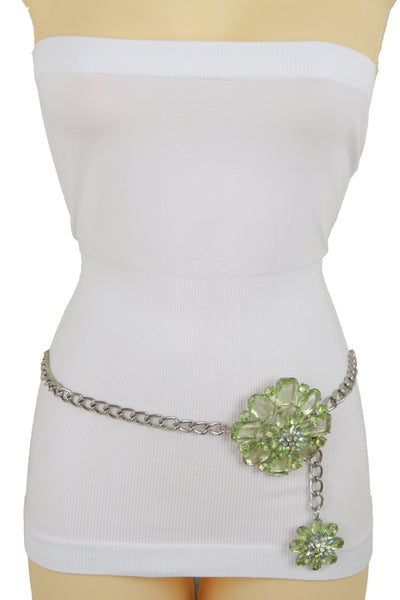Brand New Women Silver Metal Chain Links Hip High Waist Fashion Belt Green Flower Fit Size XS S M