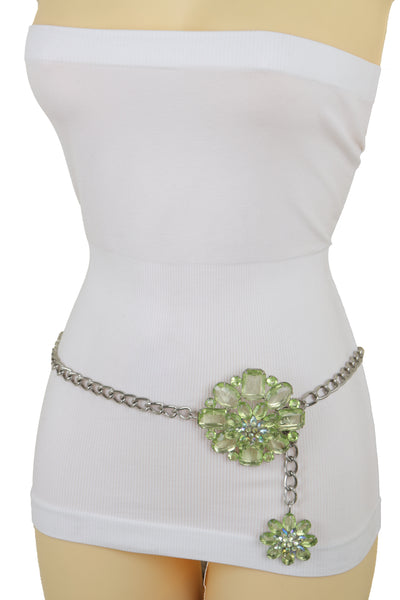 Brand New Women Silver Metal Chain Links Hip High Waist Fashion Belt Green Flower Fit Size XS S M