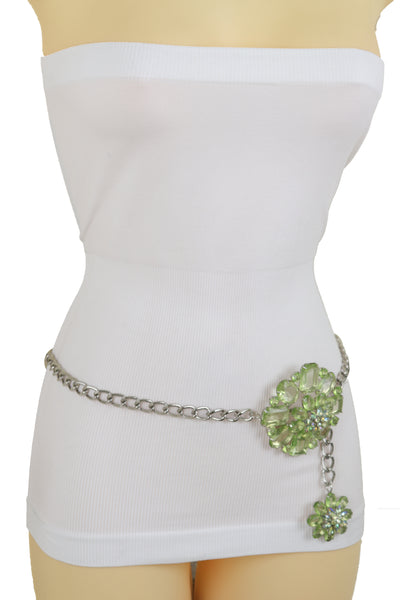 Brand New Women Silver Metal Chain Links Hip High Waist Fashion Belt Green Flower Fit Size XS S M