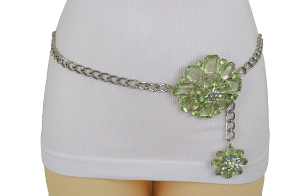 Brand New Women Silver Metal Chain Links Hip High Waist Fashion Belt Green Flower Fit Size XS S M