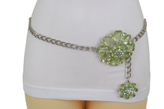 Silver Metal Chain Links Hip High Waist Fashion Belt Green Flower Fit Size XS S M