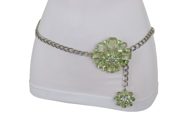 Brand New Women Silver Metal Chain Links Hip High Waist Fashion Belt Green Flower Fit Size XS S M