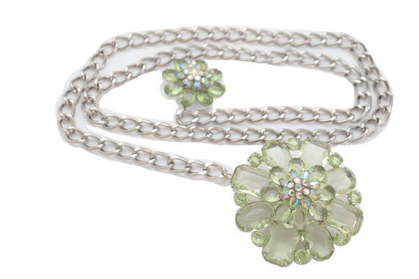 Brand New Women Silver Metal Chain Links Hip High Waist Fashion Belt Green Flower Fit Size XS S M