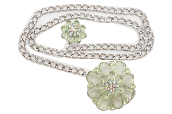 Brand New Women Silver Metal Chain Links Hip High Waist Fashion Belt Green Flower Fit Size XS S M